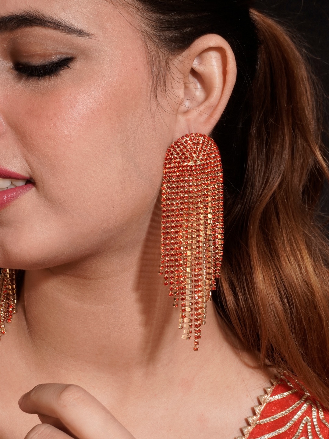 

Niscka Gold-Plated Contemporary American Diamond Drop Earrings, Red