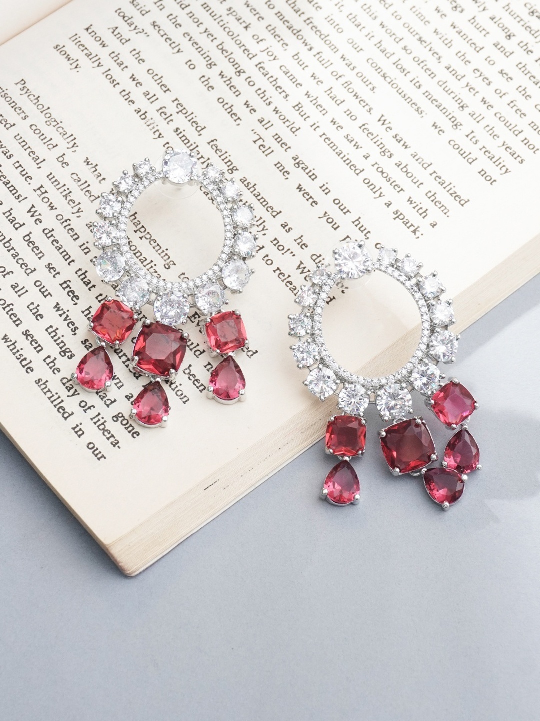 

Niscka Rhodium-Plated Contemporary American Diamond Drop Earrings, Red
