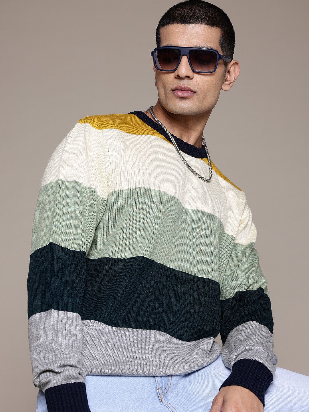 

The Roadster Lifestyle Co. Colourblocked Horizontal Striped Pullover, Green