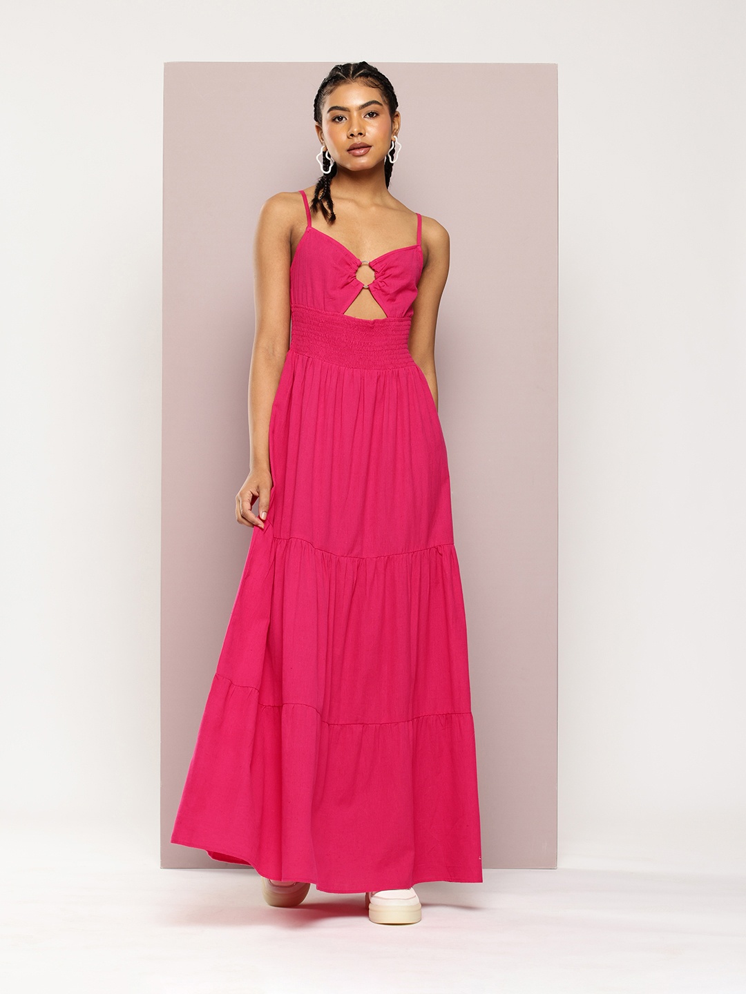 

DILLINGER Sweetheart Neck Backless Pure Cotton Fit & Flare Maxi Dress with Cut Out Details, Fuchsia