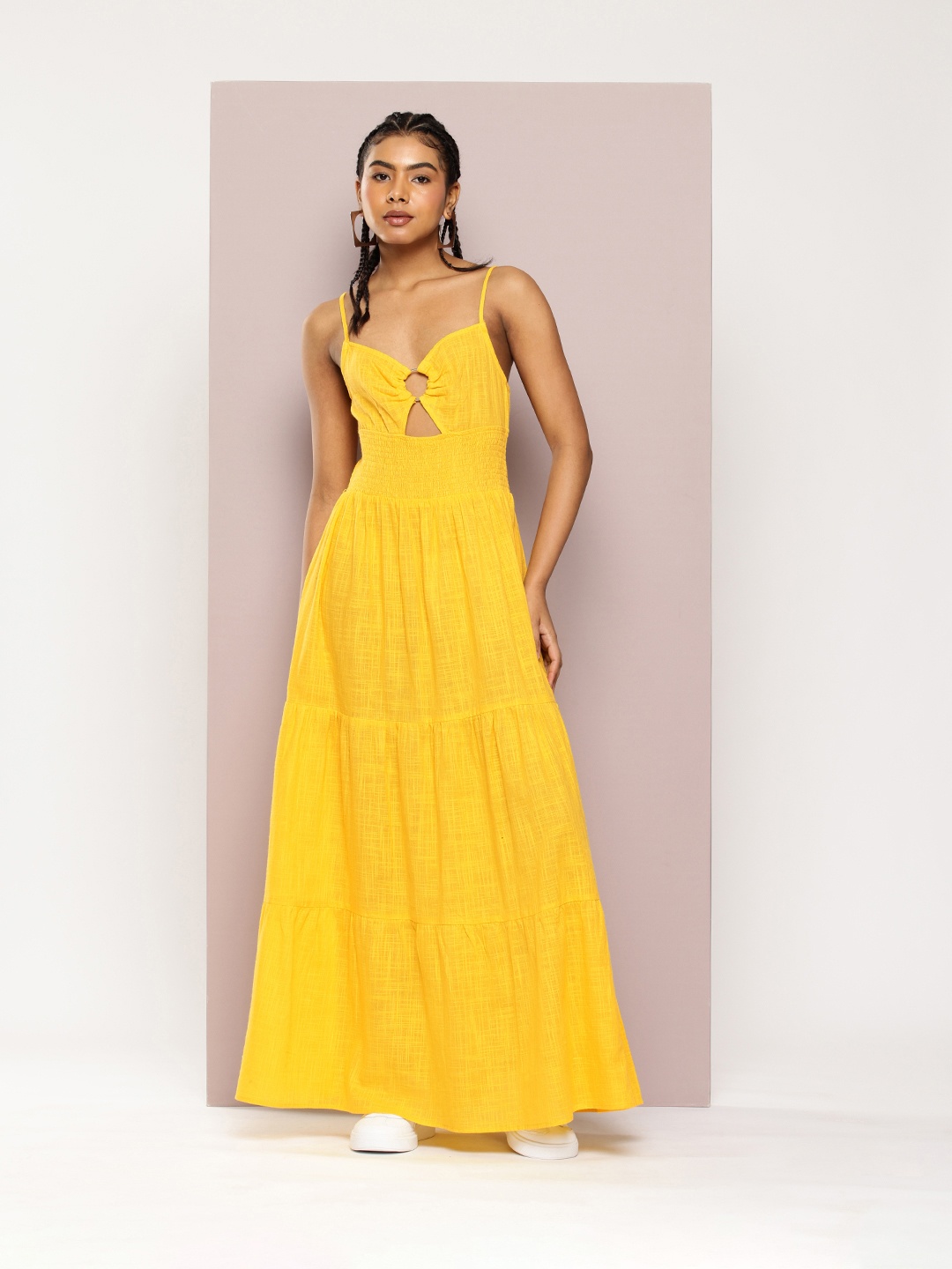 

DILLINGER Sweetheart Neck Backless Pure Cotton Fit & Flare Maxi Dress with Cut Out Details, Yellow