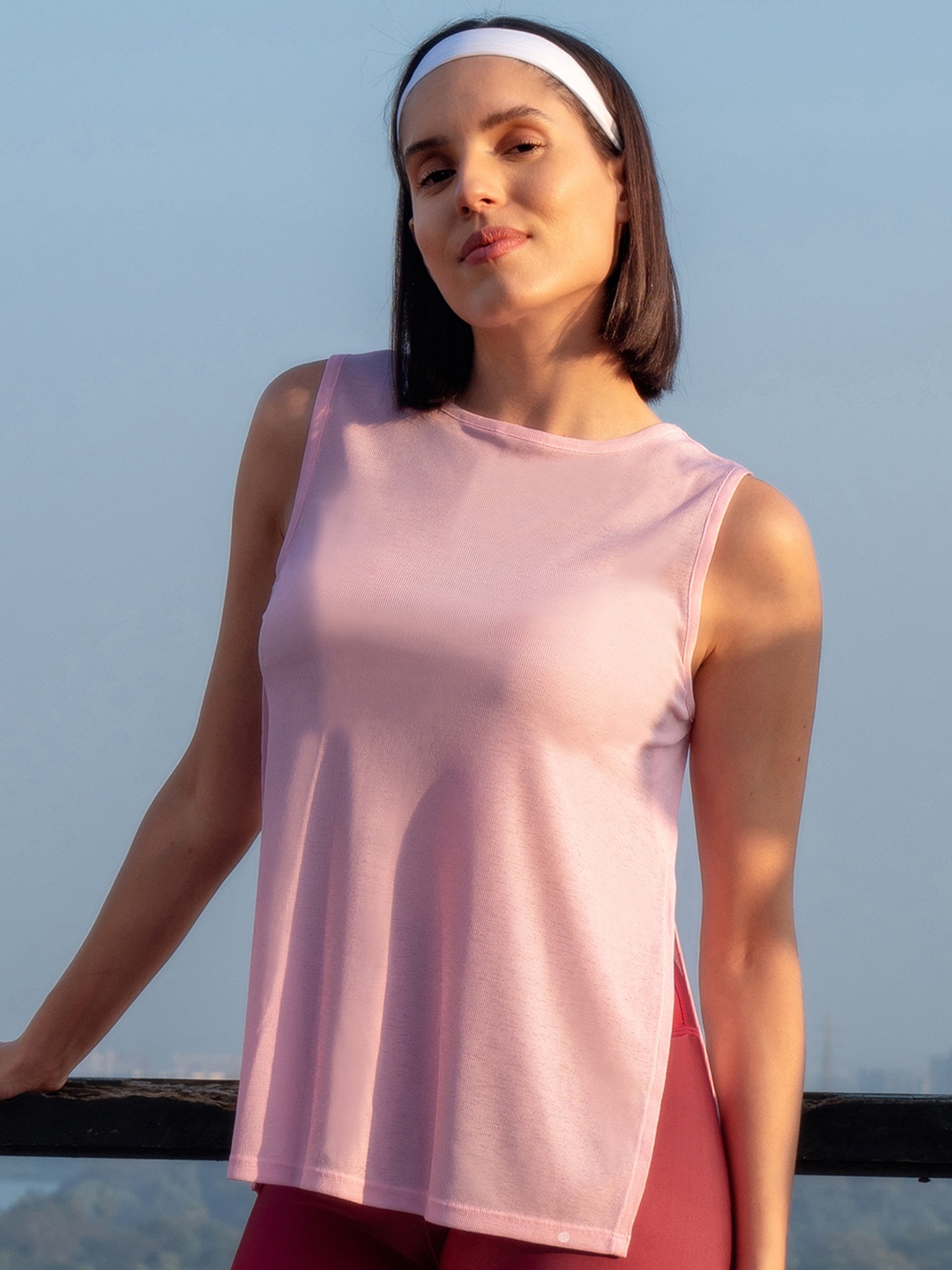 

Soie Women Boat Neck Coverup Tee with Side Slit, Pink