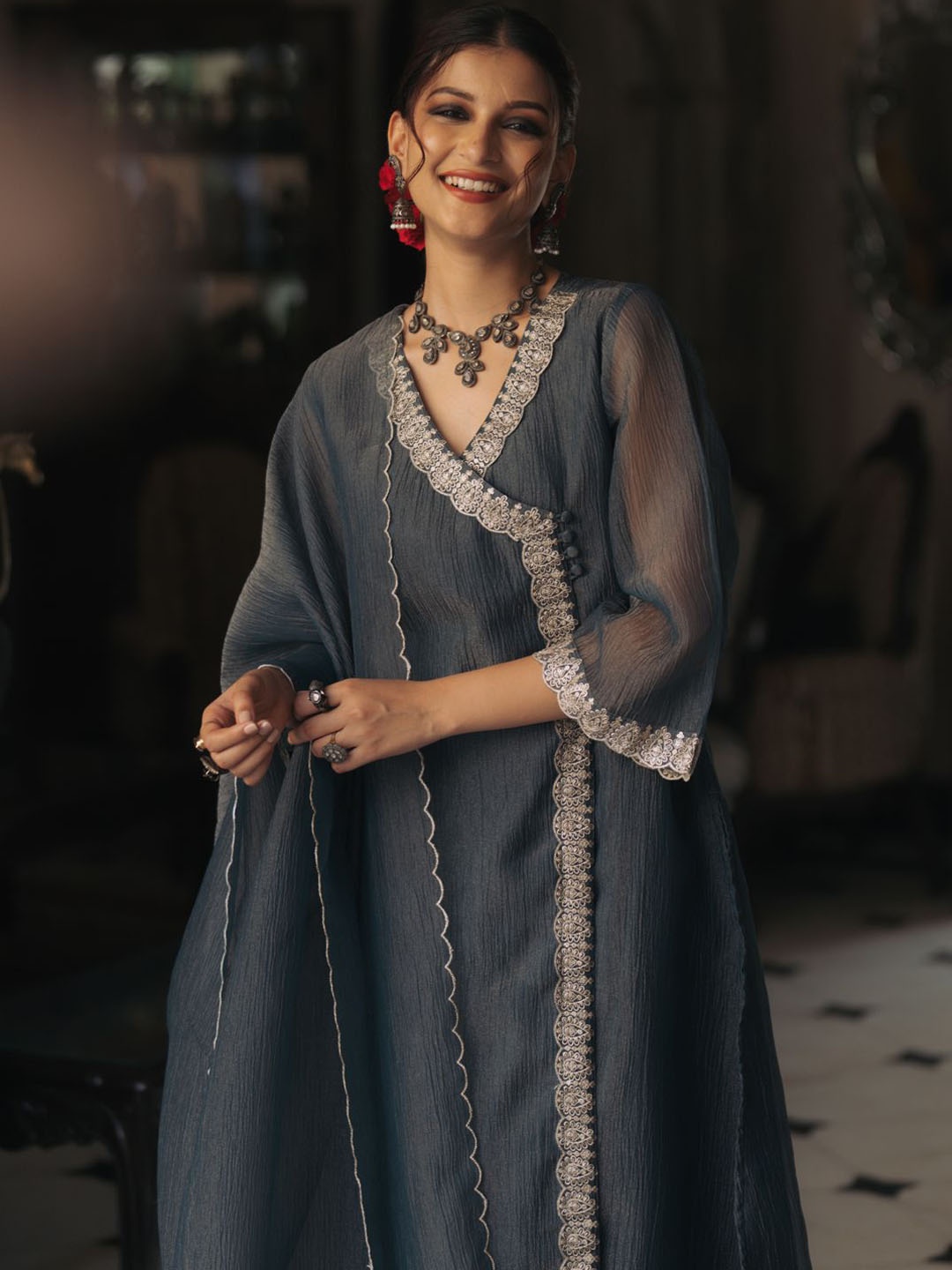 

anayna Women Embroidered Angrakha Kurta with Trousers & With Dupatta, Blue