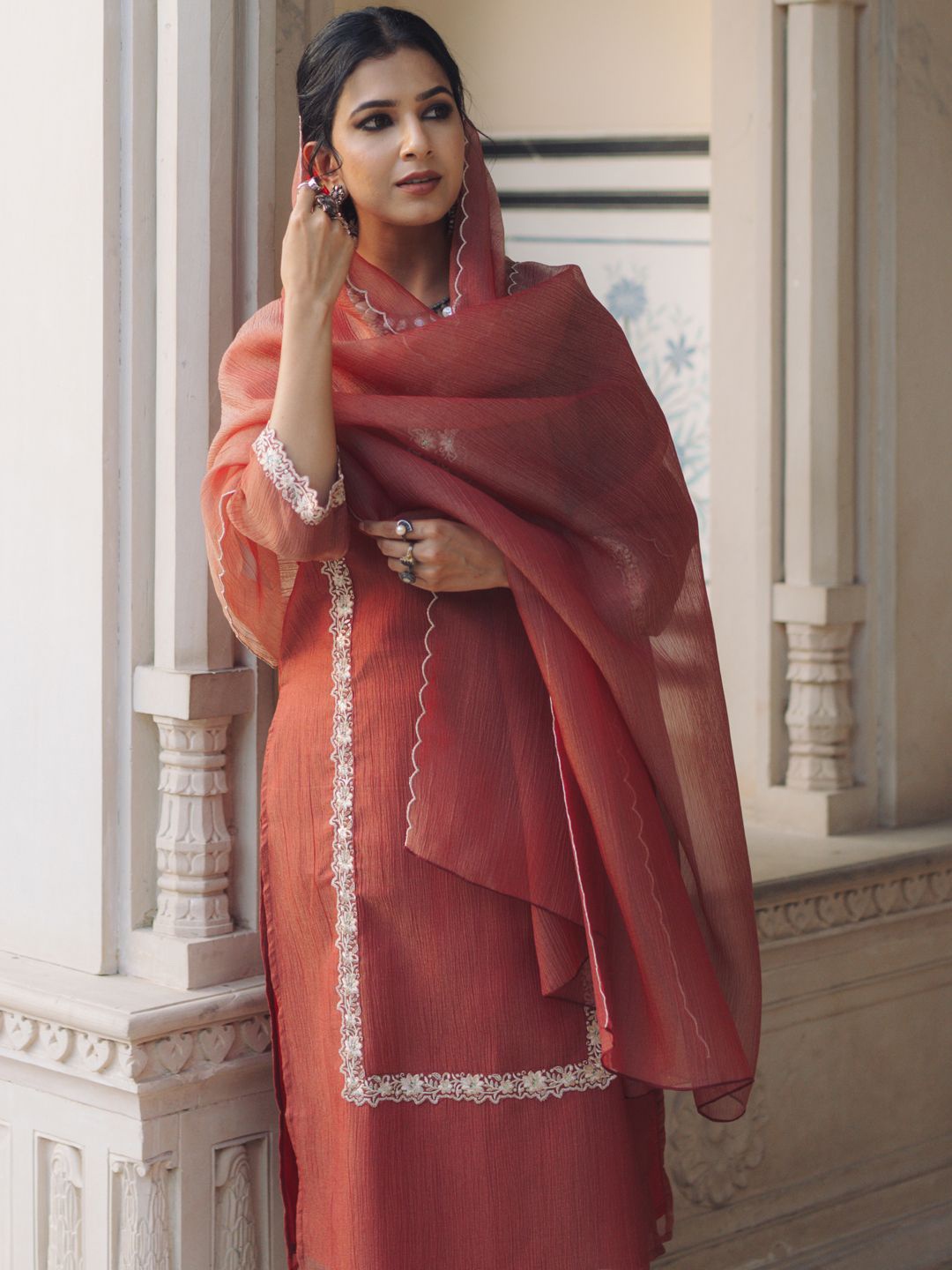 

anayna Women Embroidered Panelled Kurta with Trousers & With Dupatta, Red