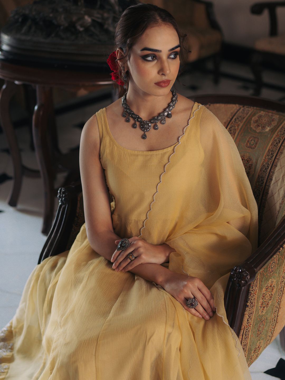 

anayna Women Embroidered Panelled Kurta with Trousers & With Dupatta, Yellow