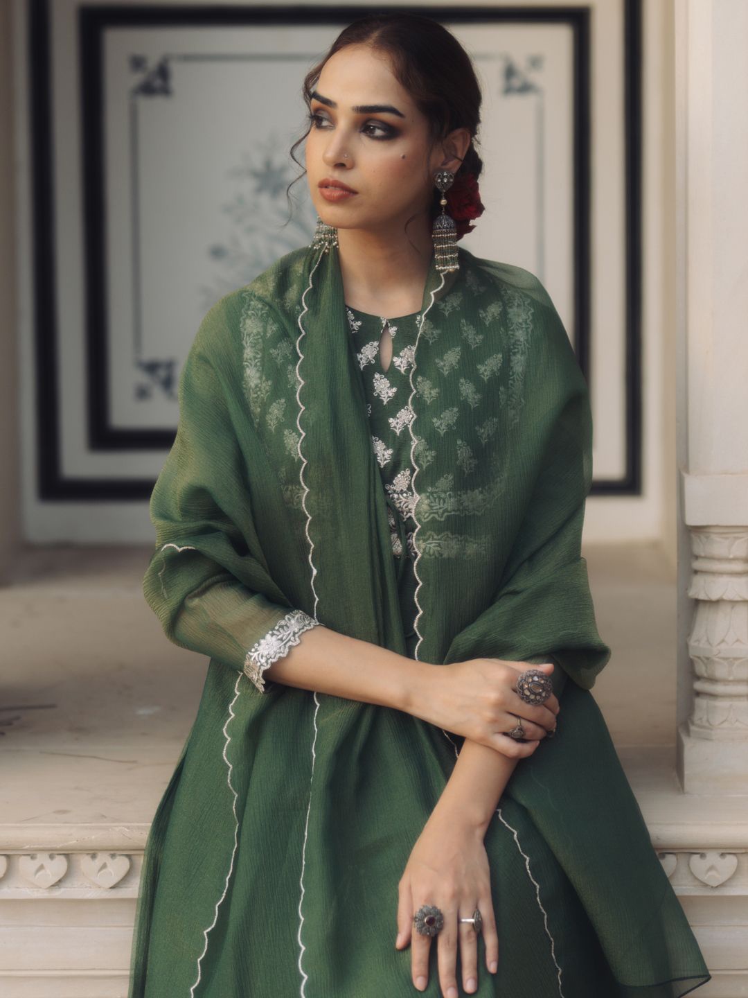 

anayna Women Ethnic Motifs Embroidered Panelled Kurta with Trousers & With Dupatta, Green