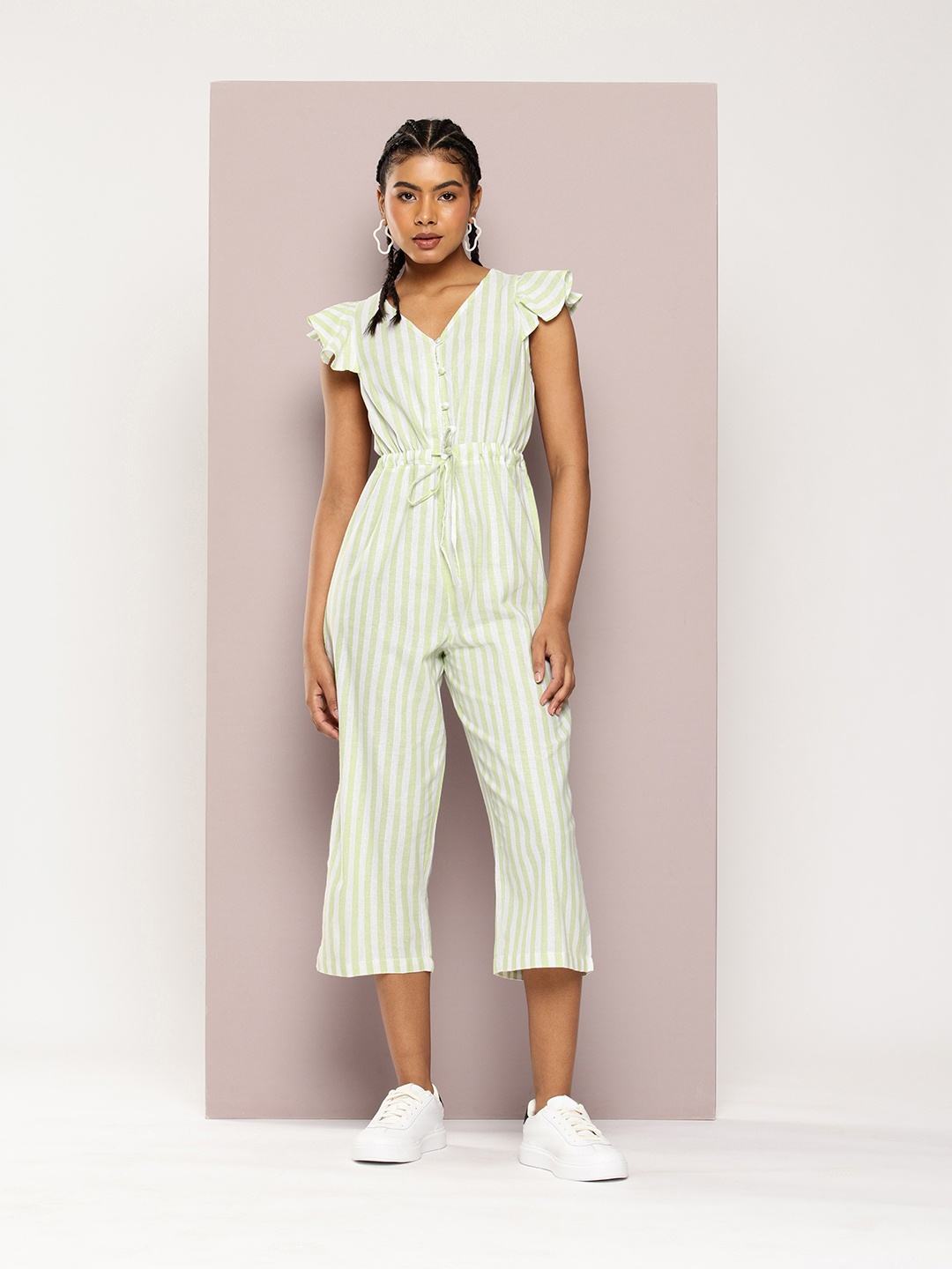 

DILLINGER Striped Flutter Sleeve Pure Cotton Capri Jumpsuit, Green