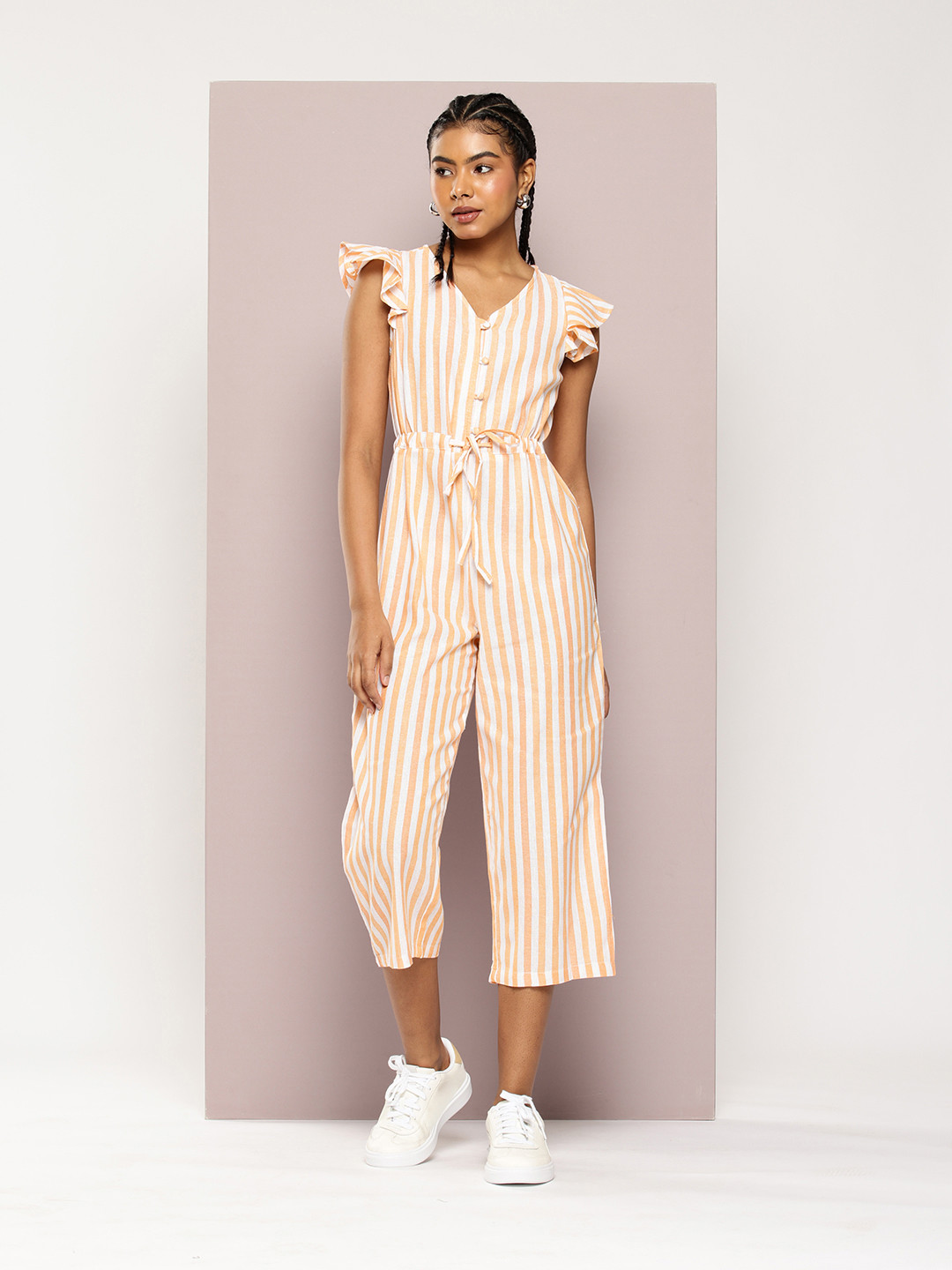 

DILLINGER Striped Flutter Sleeve Pure Cotton Capri Jumpsuit, Brown