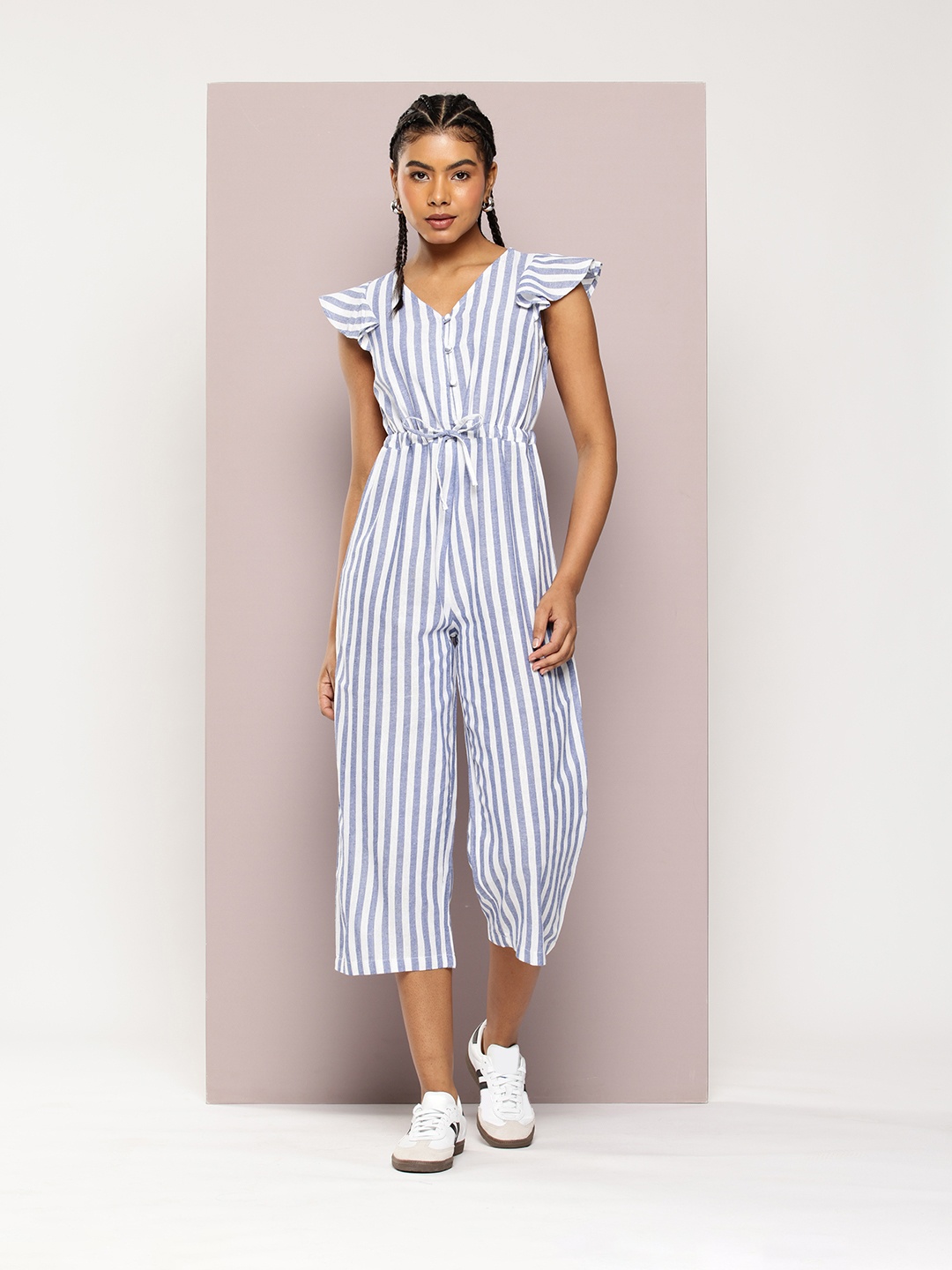 

DILLINGER Striped Flutter Sleeve Pure Cotton Capri Jumpsuit, Blue