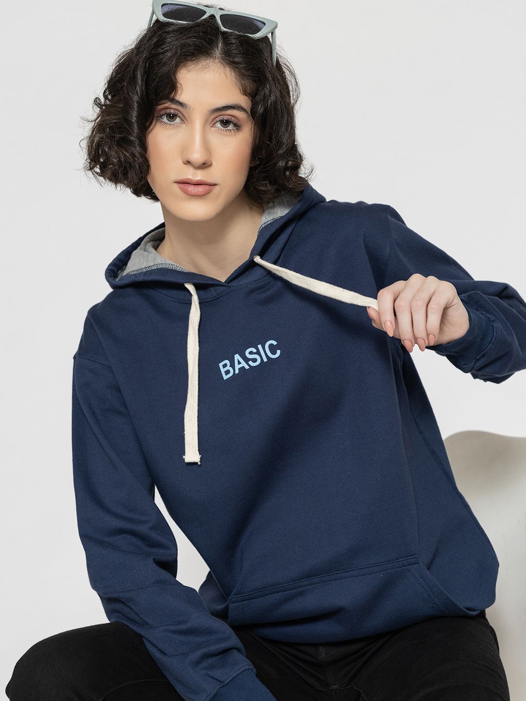 

Lounge Dreams Women Printed Hooded Sweatshirt, Navy blue