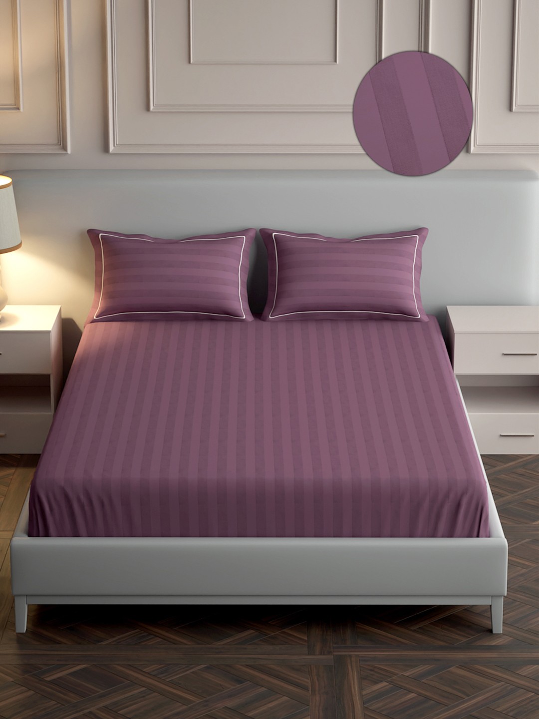

Mulberry Living Elysian Stripes 300TC King Size 100%Cotton Bedsheet with 2 Pillows Covers, Purple