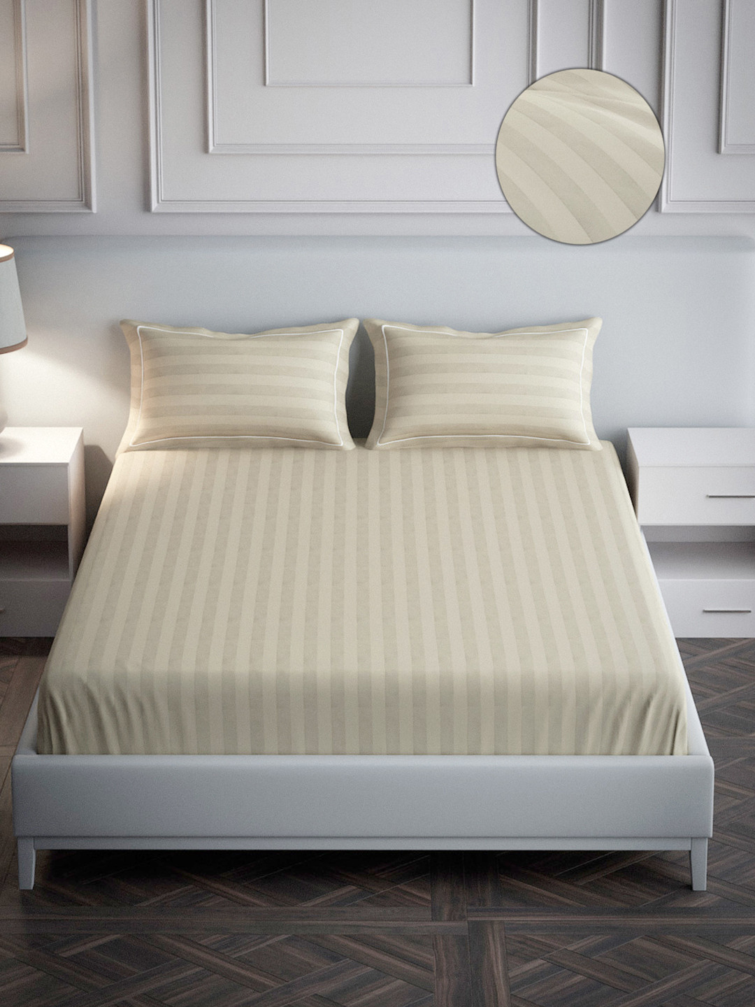 

Mulberry Living Elysian Stripes 300TC King Size 100% Cotton Bedsheet with 2 Pillows Covers, Beige
