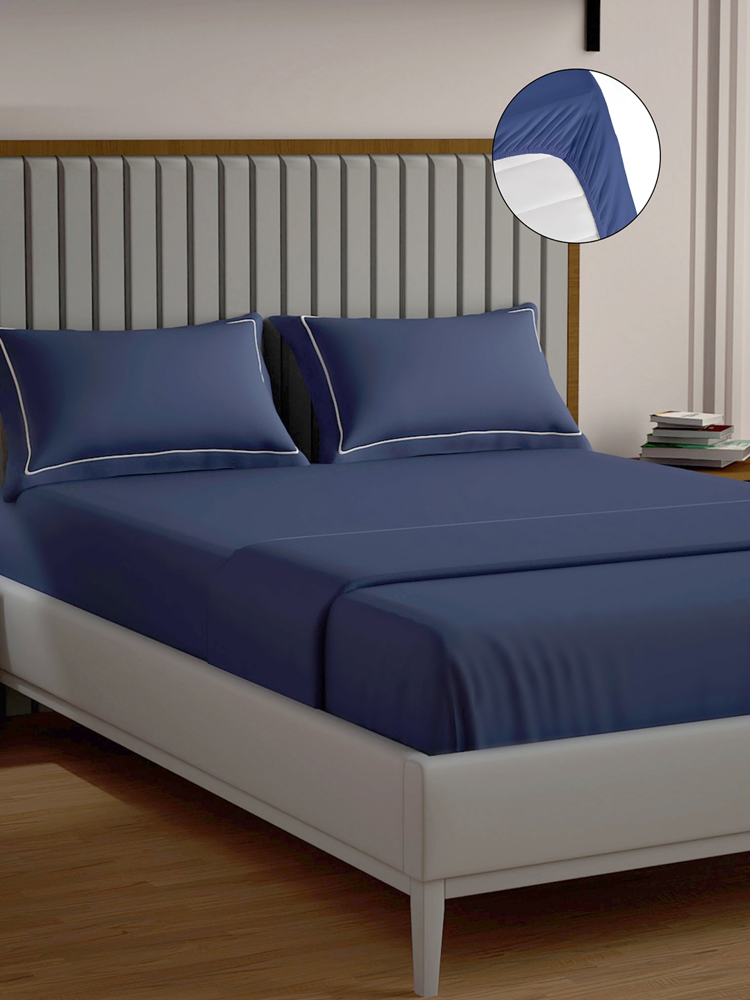 

Mulberry Living Serenity Solids Navy Blue 250 TC Cotton King Bedsheet Set 1.98 m x 1.82 m