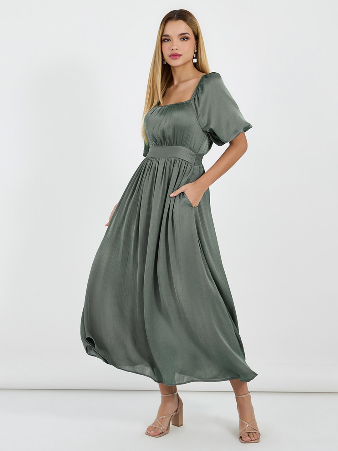 

Styli Women Solid Puff Sleeves A-Line Maxi Dress, Grey