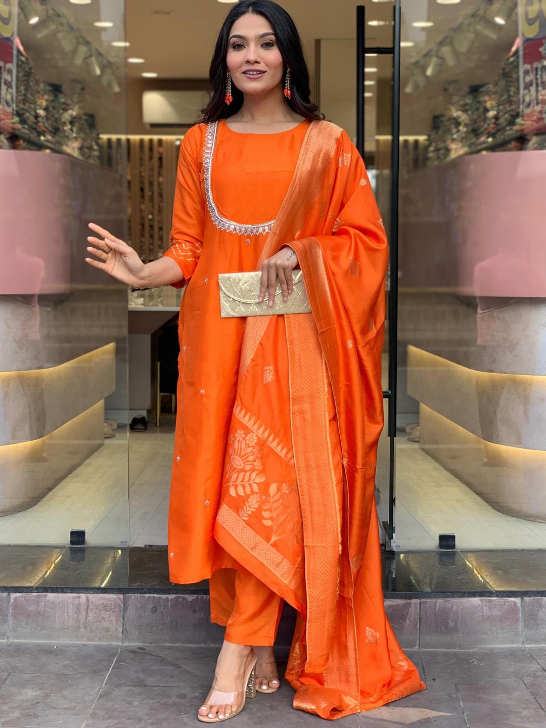 

Anni Designer Women Embroidered Regular Kurta with Trousers & With Dupatta, Orange