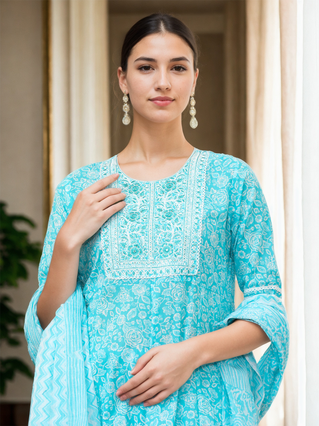 

Jaipur Kurti Women Floral Embroidered Regular Thread Work Pure Cotton Kurta with Trousers & With Dupatta, Blue