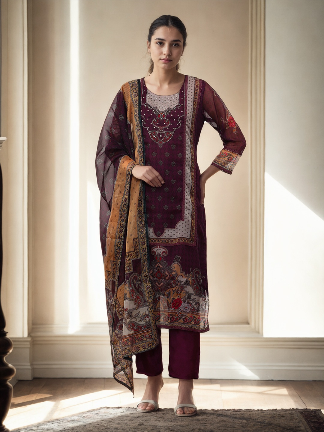 

Jaipur Kurti Women Floral Embroidered Regular Beads and Stones Kurta with Trousers & With Dupatta, Maroon