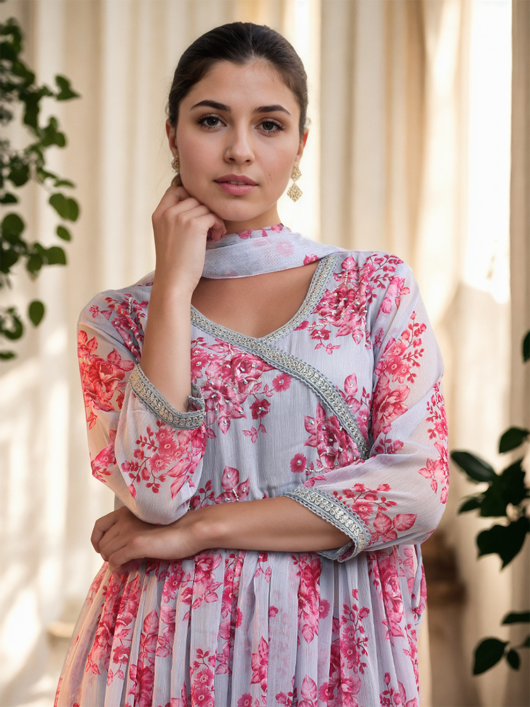 

Jaipur Kurti Women Floral Embroidered Angrakha Gotta Patti Kurta with Trousers & With Dupatta, Grey
