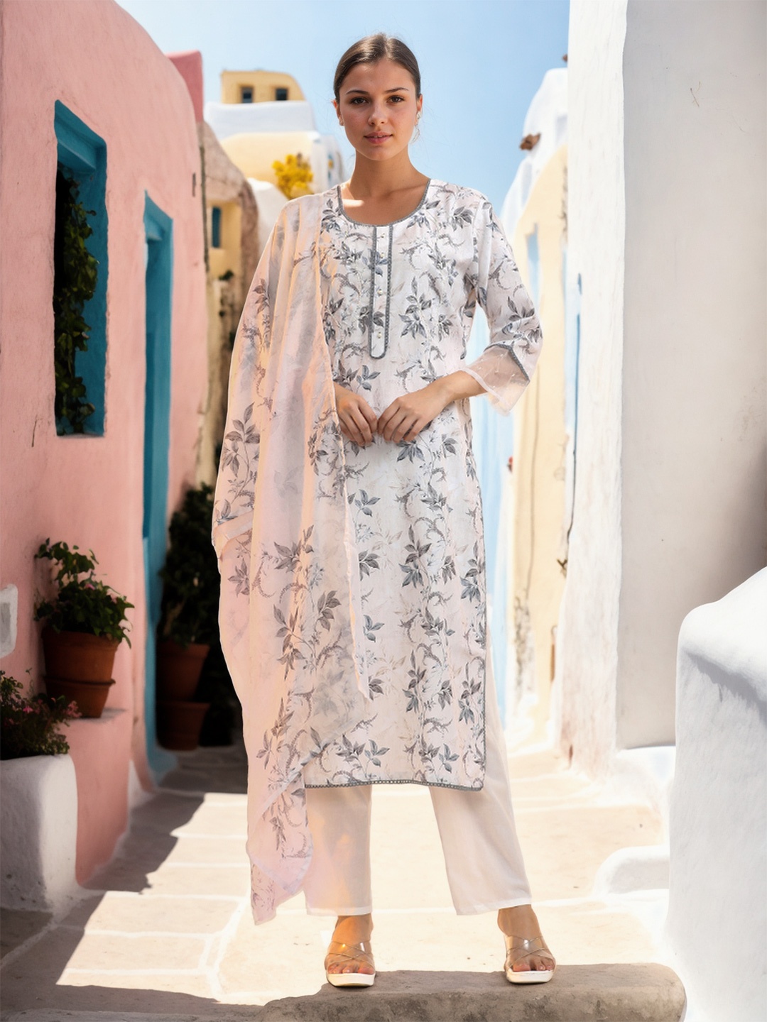 

Jaipur Kurti Women Embroidered Regular Beads and Stones Linen Kurta with Trousers & With Dupatta, White