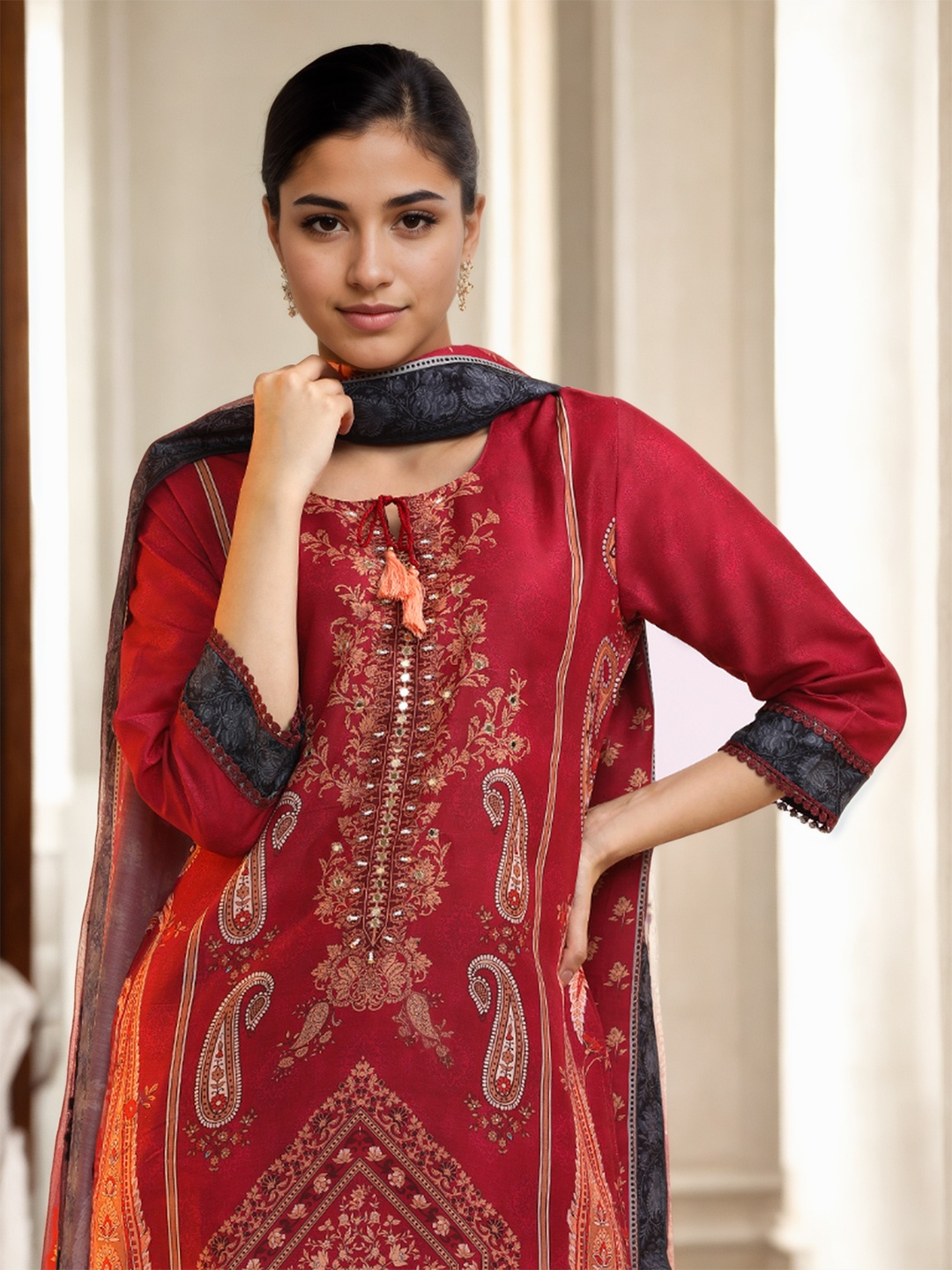 

Jaipur Kurti Women Floral Printed Regular Beads and Stones Linen Kurta with Trousers & With Dupatta, Maroon