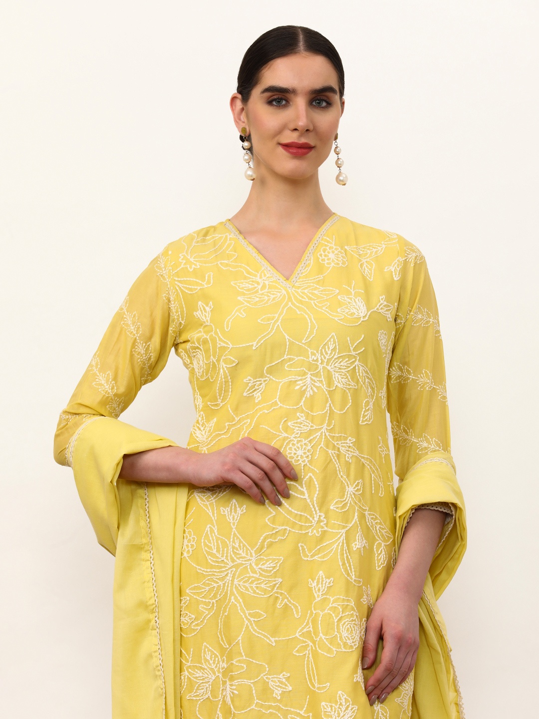 

Jaipur Kurti Women Floral Embroidered Regular Thread Work Pure Cotton Kurta with Trousers & With Dupatta, Mustard