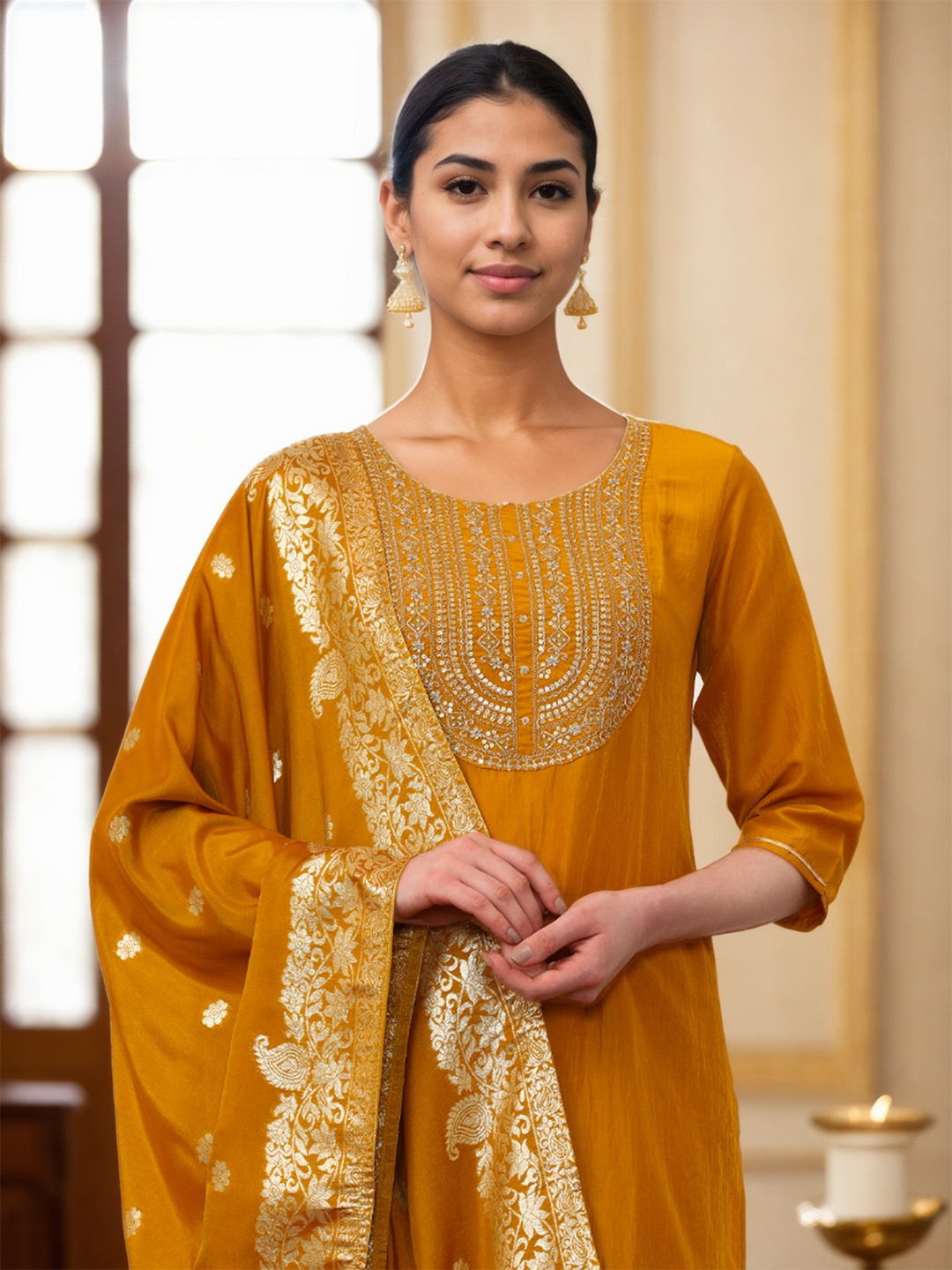 

Jaipur Kurti Women Embroidered Regular Zardozi Kurta with Trousers & With Dupatta, Mustard