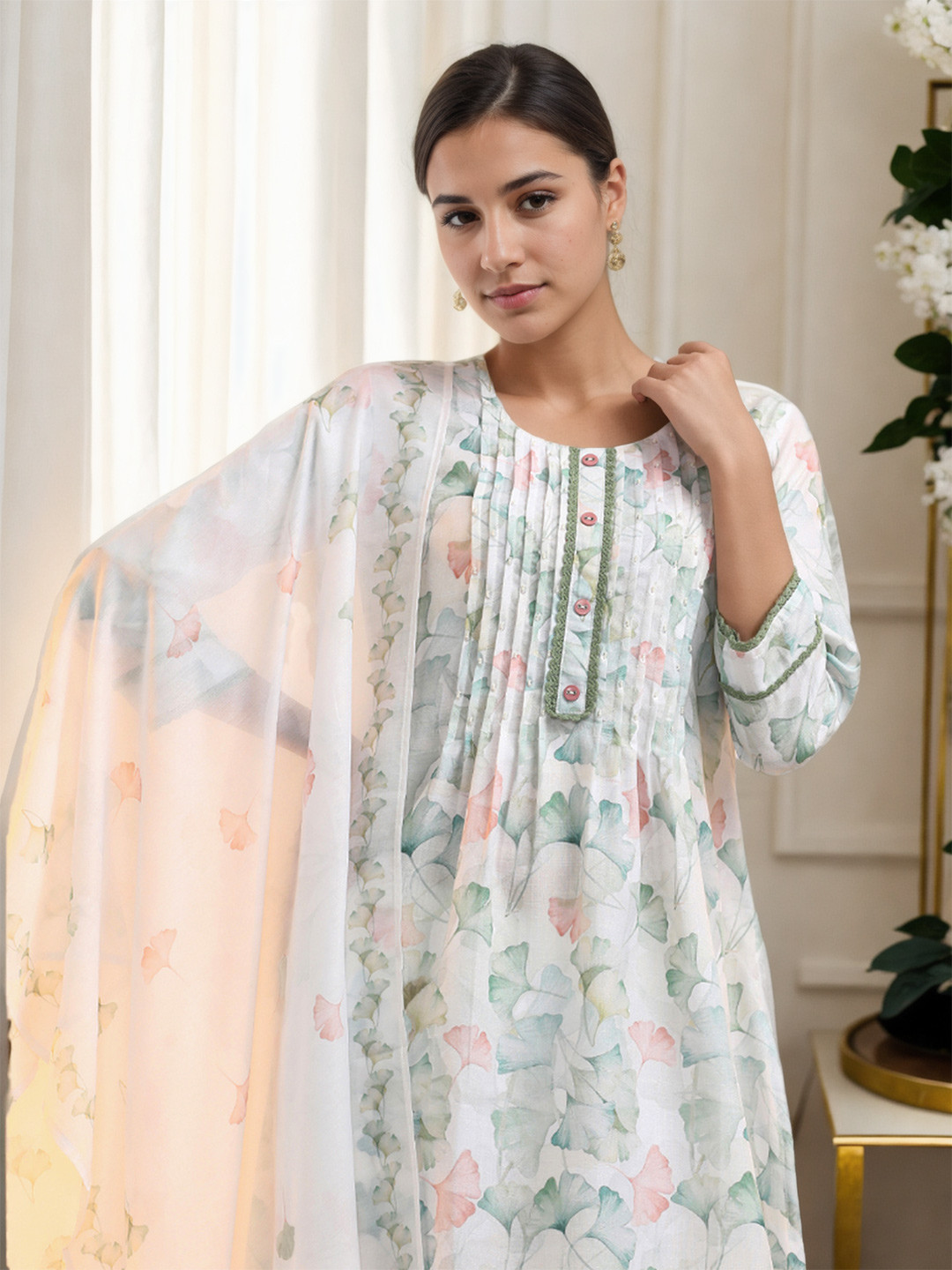 

Jaipur Kurti Women Floral Embroidered Panelled Beads and Stones Linen Kurta with Trousers & With Dupatta, White