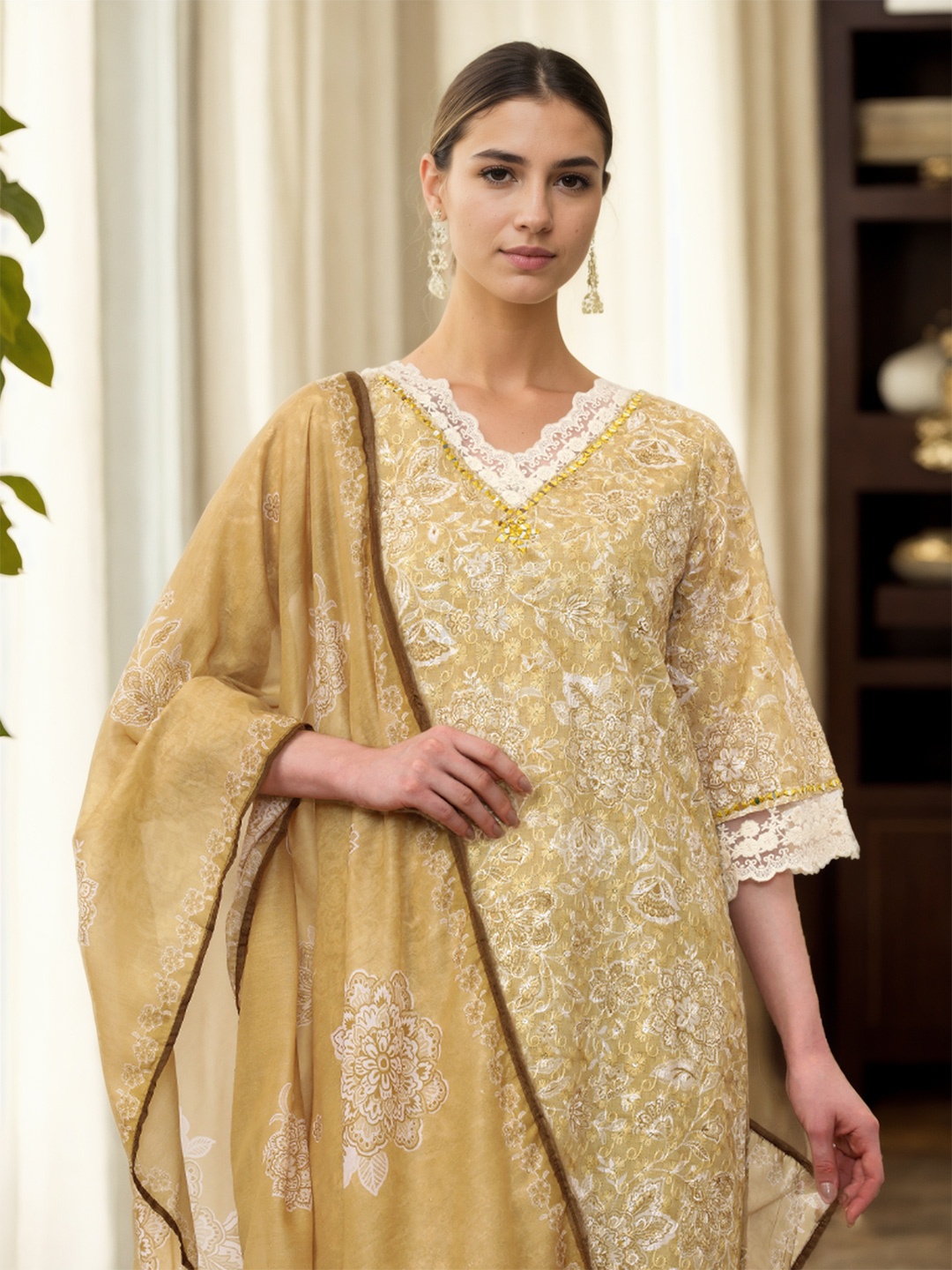 Jaipur Kurti Women Floral Embroidered Regular Mirror Work Pure Cotton Kurta with Trousers & With Dupatta, Mustard