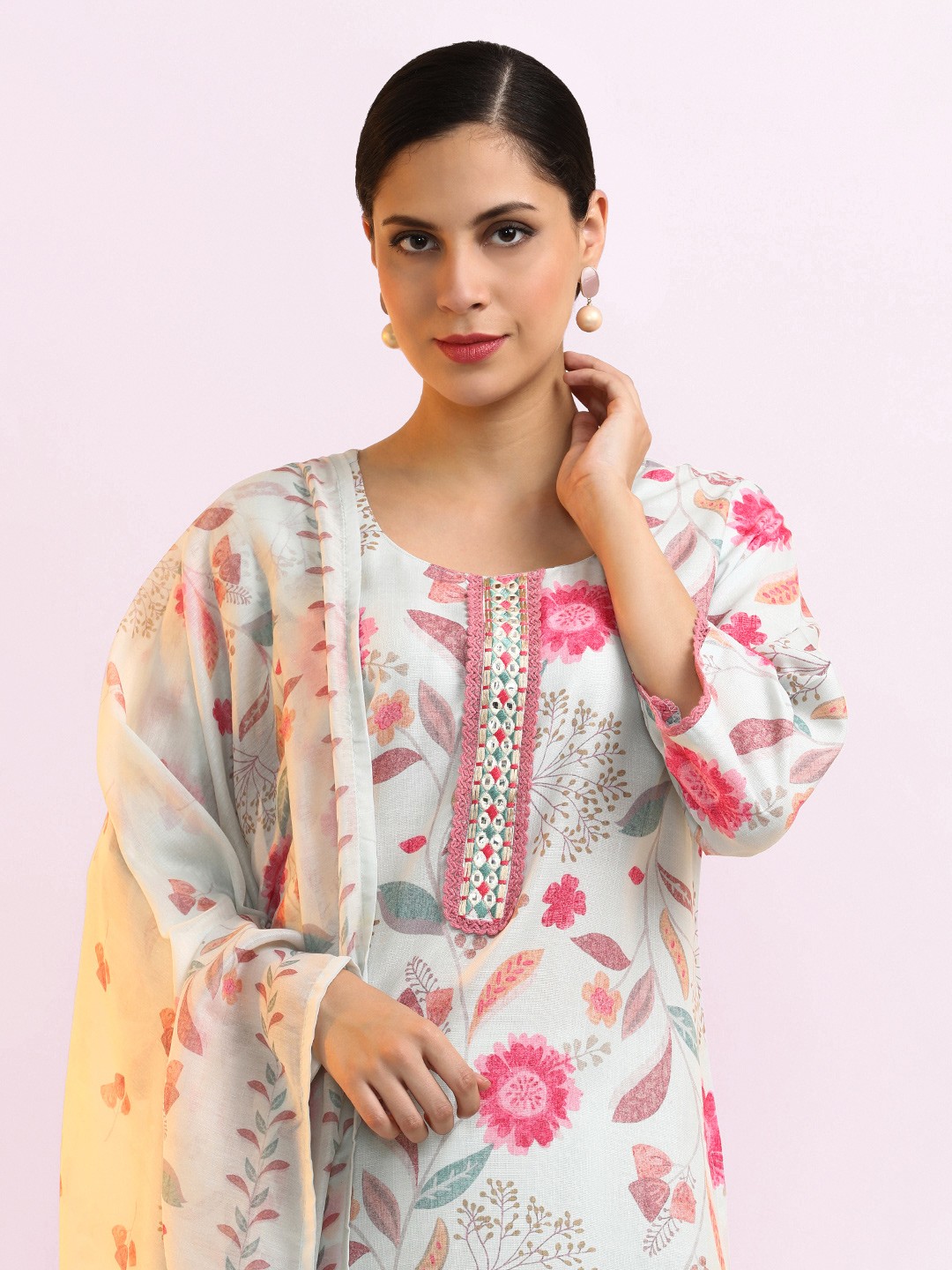 

Jaipur Kurti Women Floral Embroidered Regular Mirror Work Linen Kurta with Trousers & With Dupatta, Off white
