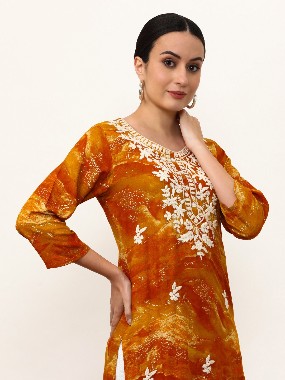

Jaipur Kurti Women Floral Printed Thread Work Kurta, Mustard