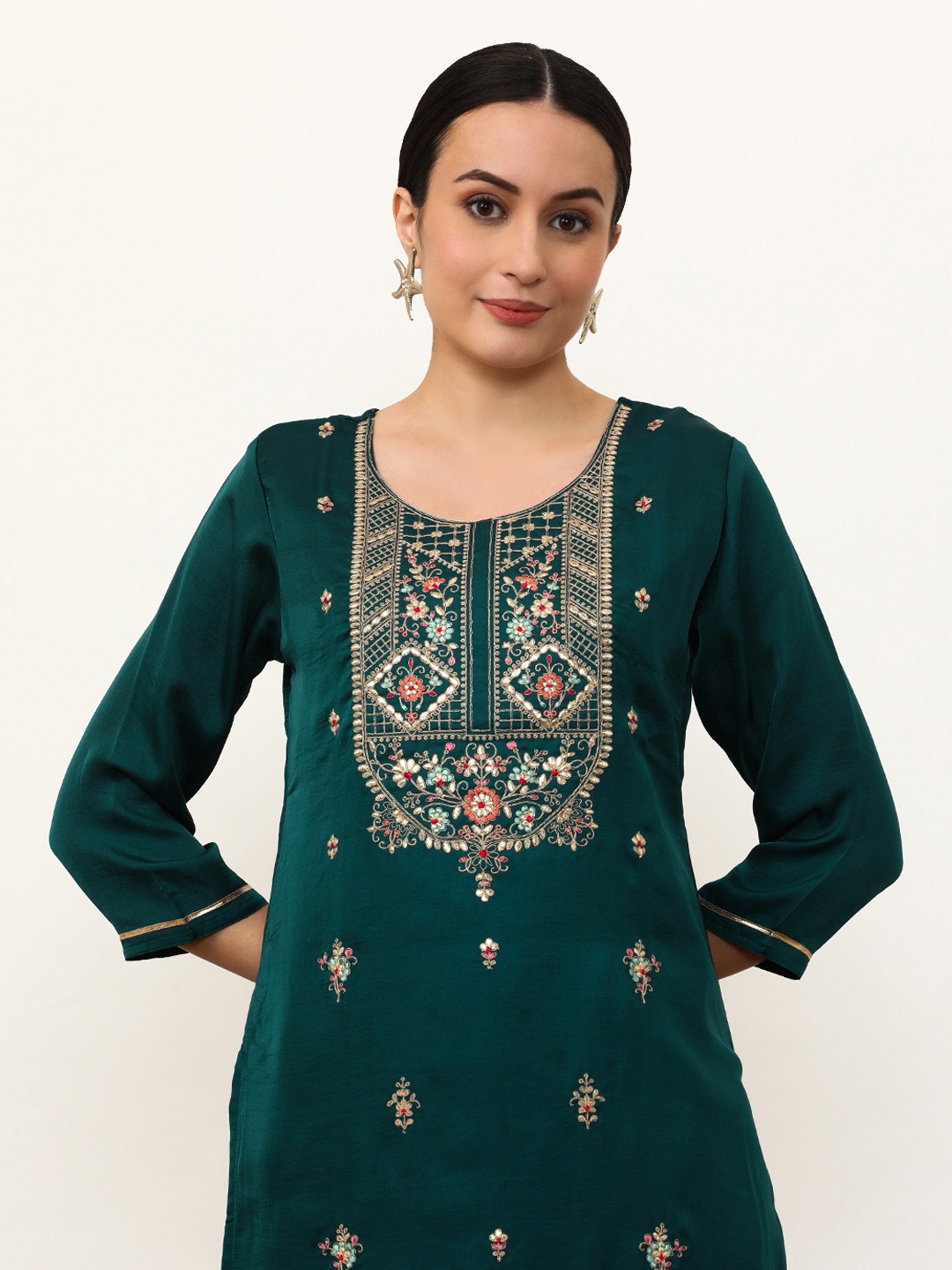 Jaipur Kurti Women Floral Yoke Design Thread Work Kurta, Green
