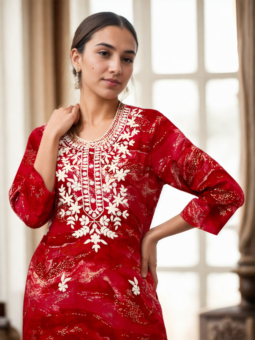 

Jaipur Kurti Women Floral Printed Thread Work Kurta, Pink