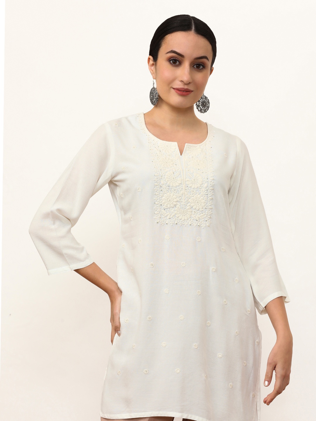 

Jaipur Kurti Women Yoke Design Keyhole Neck Thread Work Kurta, White