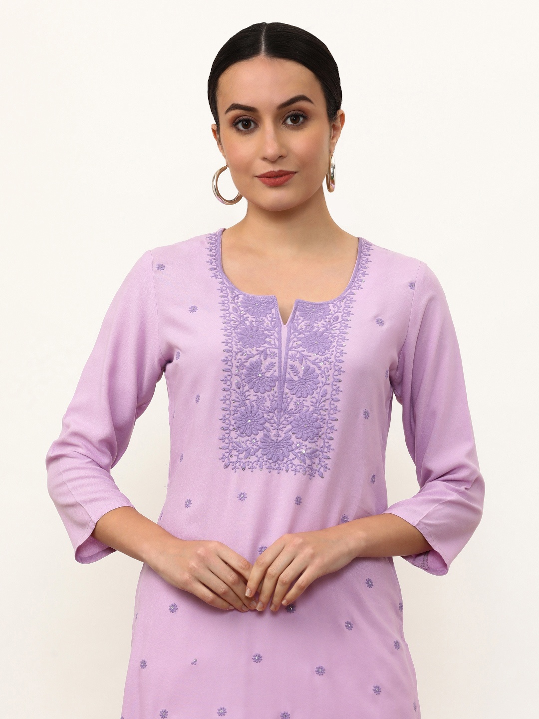 

Jaipur Kurti Women Embroidered Keyhole Neck Thread Work Kurta, Lavender