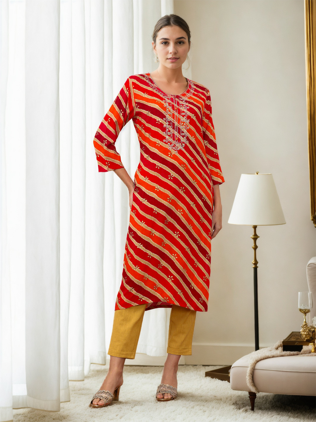 

Jaipur Kurti Women Yoke Design Thread Work Kurta, Orange