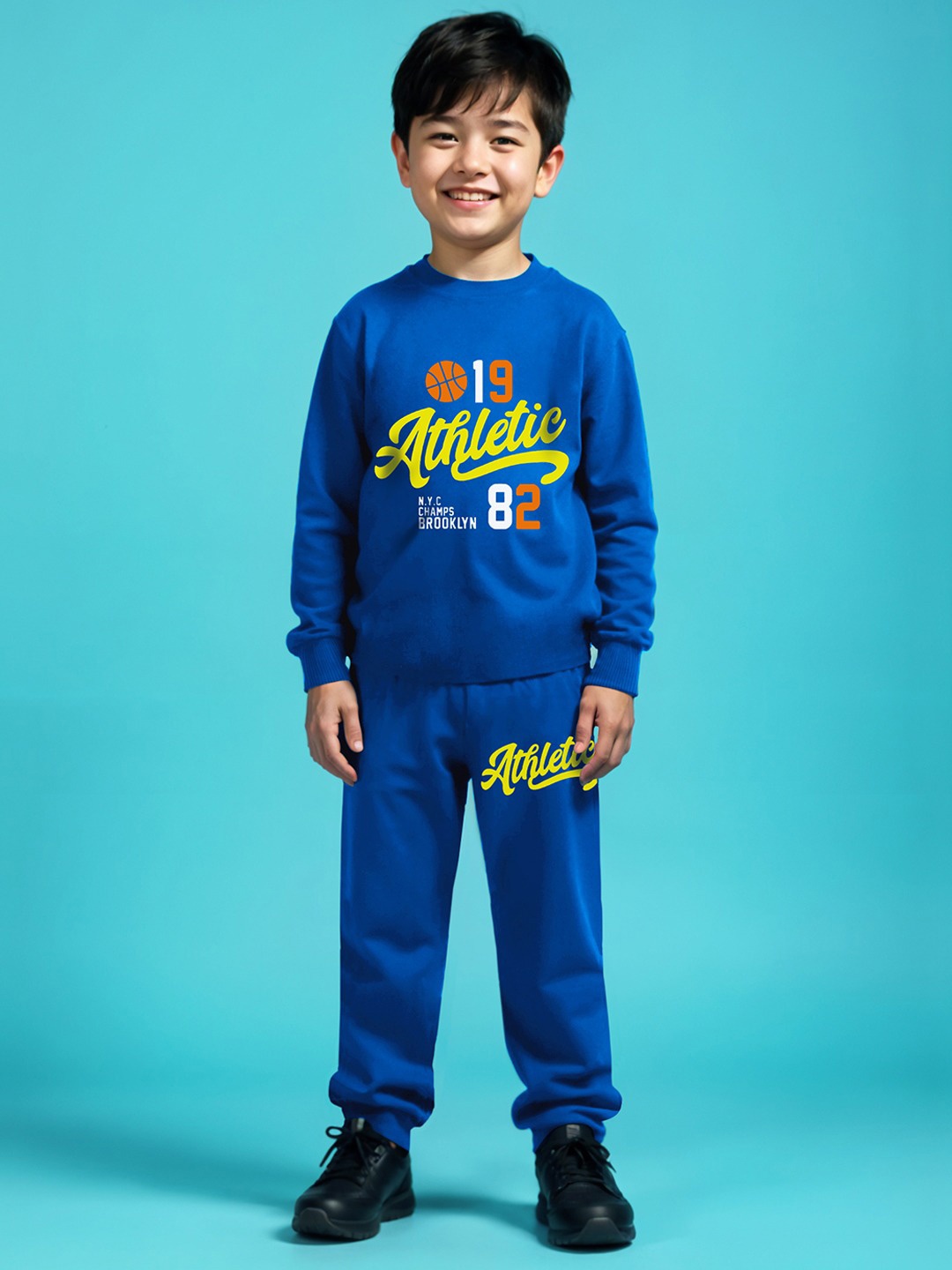 

YK X Trampoline Kids Graphic Printed Round Neck Tshirt With Trackpants, Blue