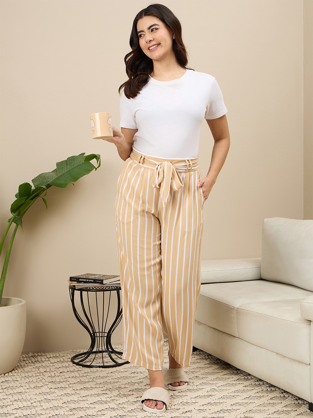 

ETC Striped High-Rise Lounge Pants, Beige