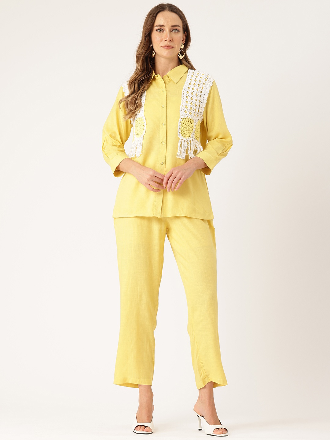 

MISRI Solid Shirt with Trousers Co-Ord Set with Crochet Details, Yellow