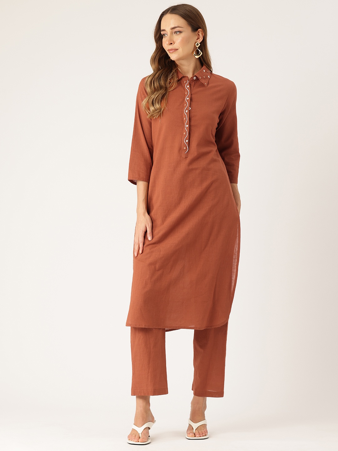 

MISRI Solid Pure Cotton Tunic with Trousers Co-Ord Set with Embroidered Detail, Brown