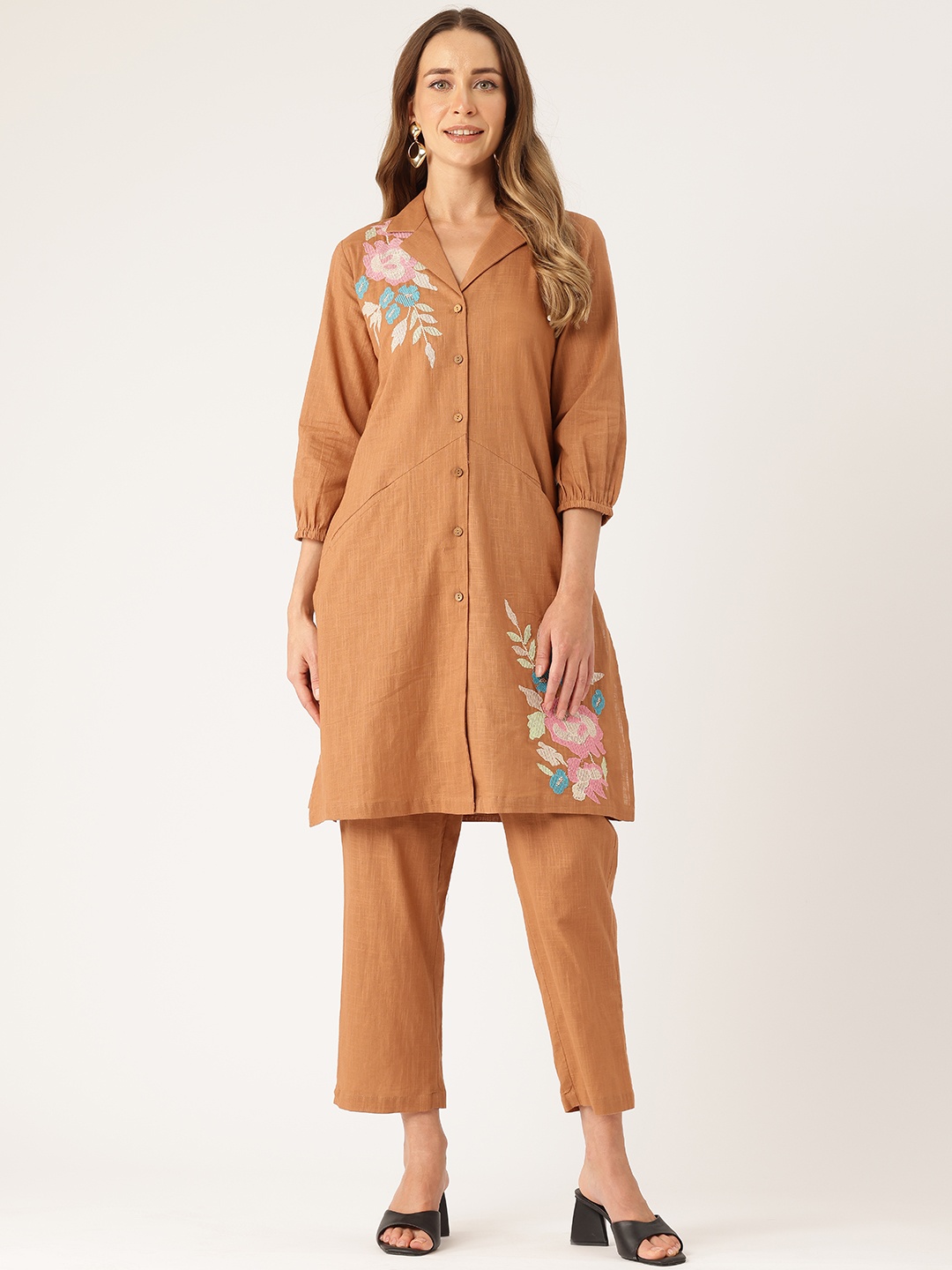 

MISRI Embroidered Pure Cotton Tunic with Trousers Co-Ord Set, Brown