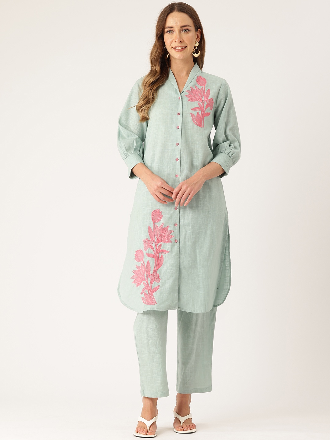 

MISRI Embroidered Pure Cotton Tunic with Trousers Co-Ord Set, Sea green