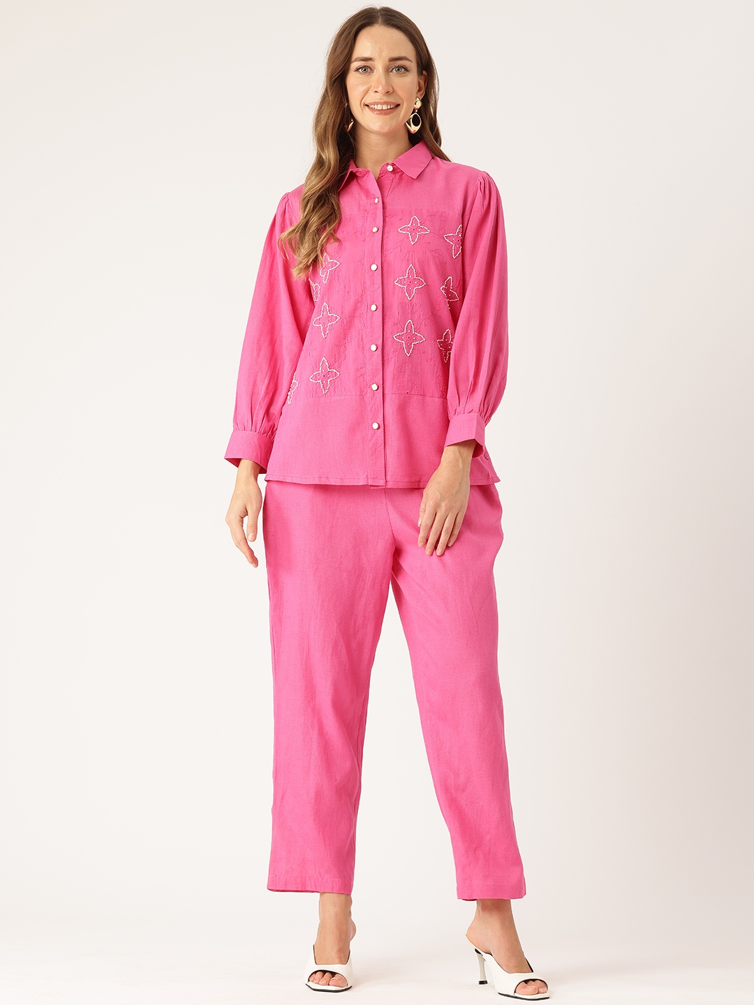 

MISRI Embroidered Shirt with Trousers Co-Ord Set, Fuchsia