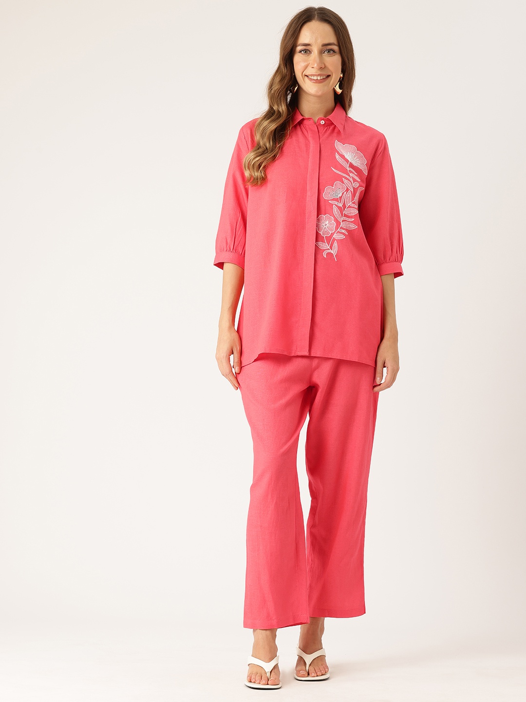 

MISRI Embroidered Shirt with Trousers Co-Ord Set, Coral