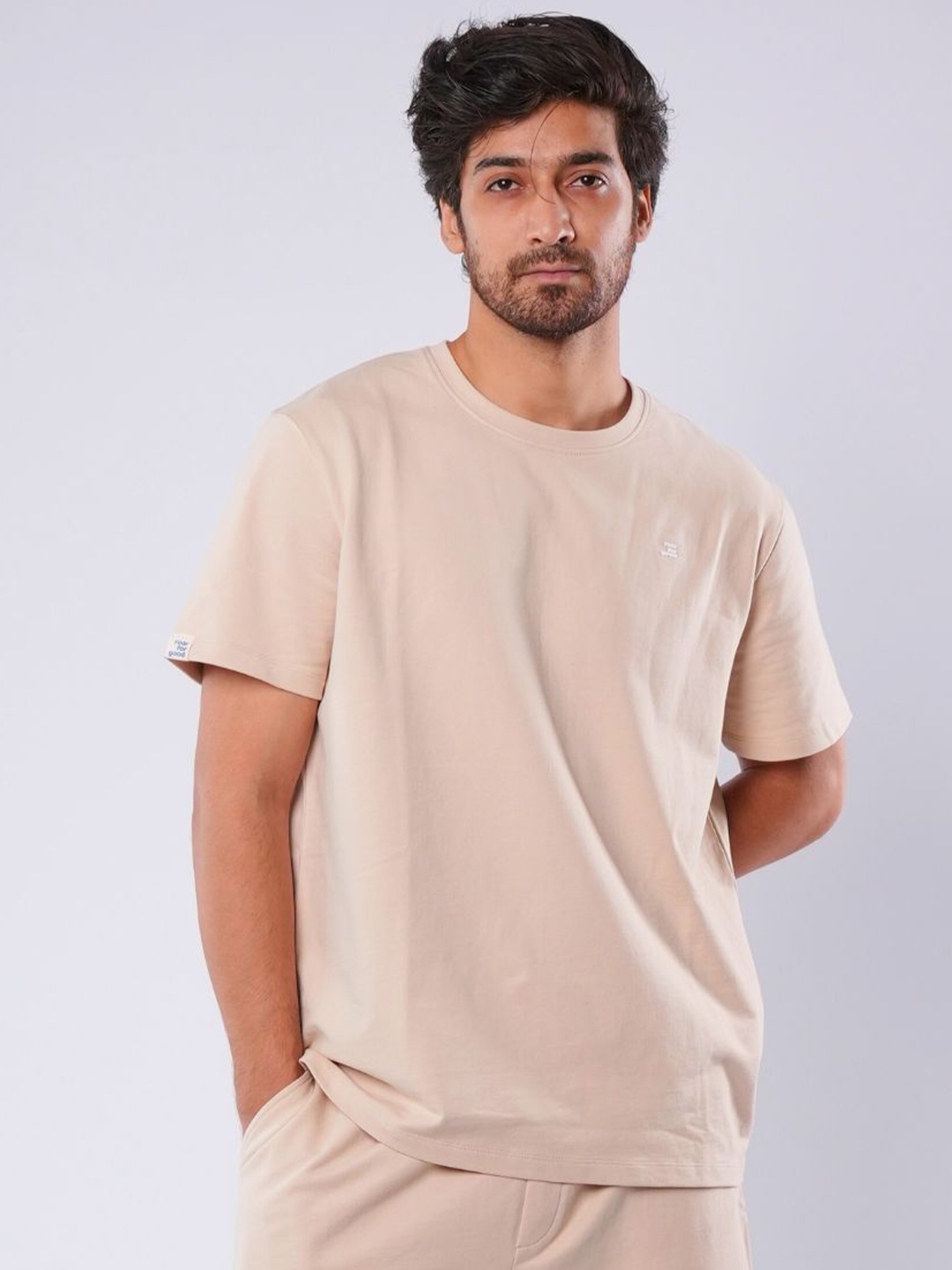 

ROAR FOR GOOD Men Round Neck Solid Organic Cotton T-shirt, Beige