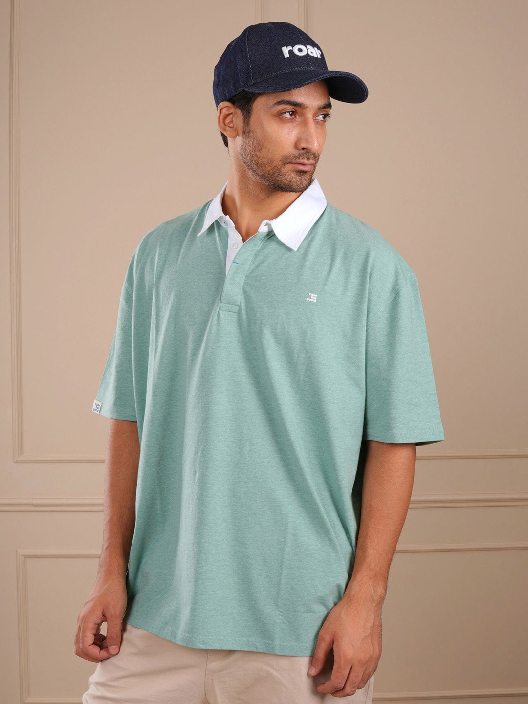

ROAR FOR GOOD Men Polo Collar Drop-Shoulder Sleeves Organic Cotton T-shirt, Green
