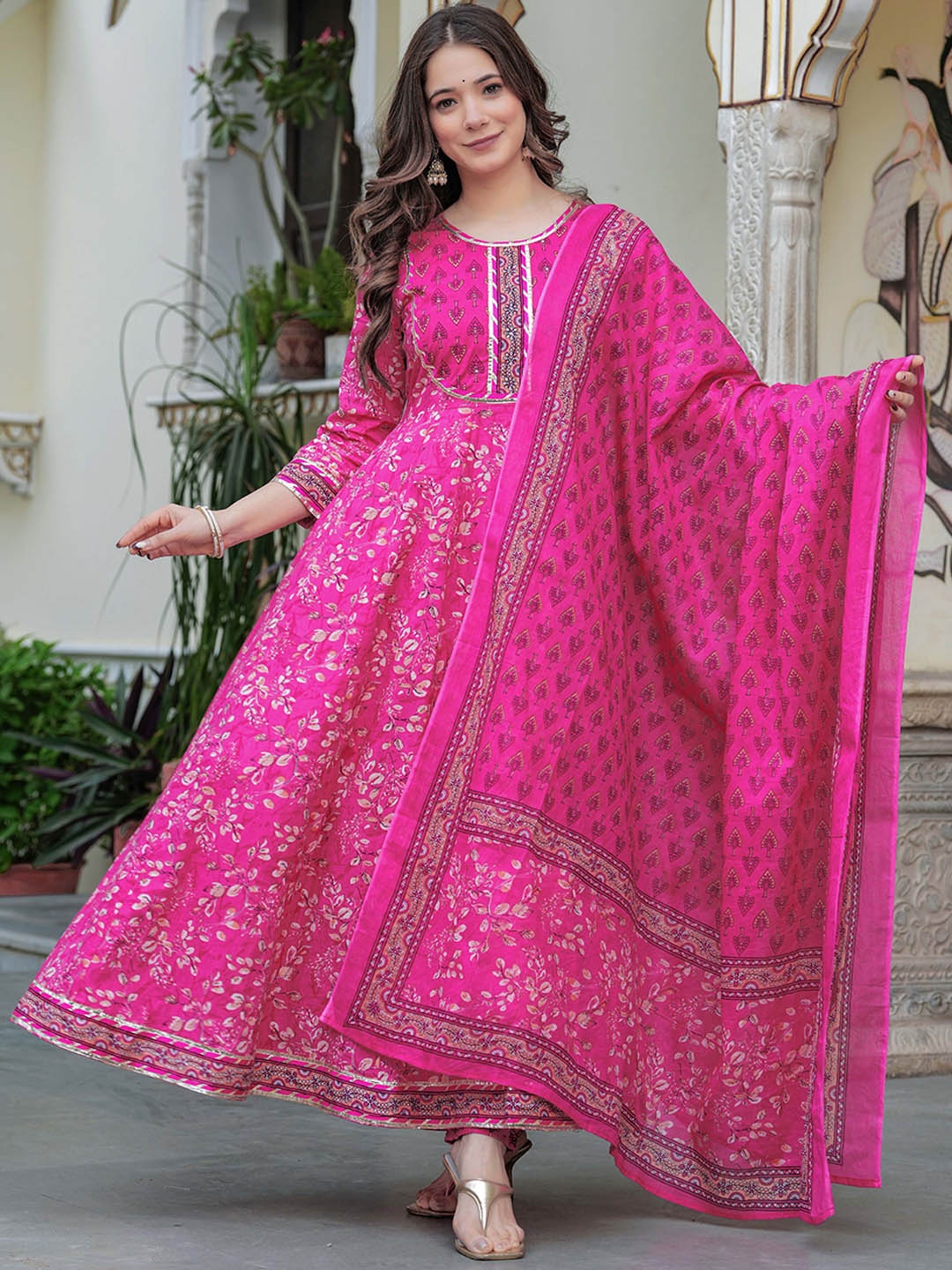 

Mizaz Women Floral Printed Layered Sequinned Pure Cotton Kurta with Trousers & With Dupatta, Pink