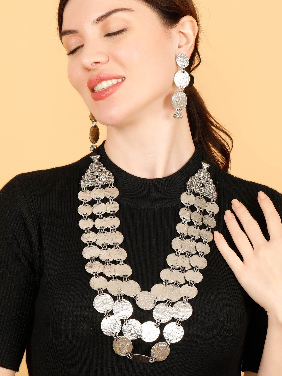 

VIVAZS Silver-Plated Coin Motif Layered Jewellery Set
