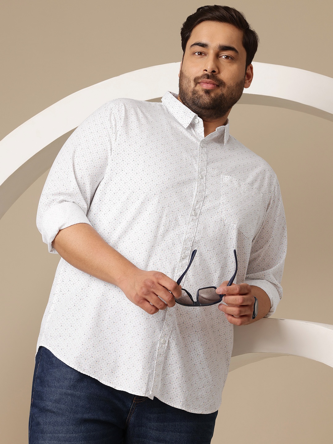 Sztori Plus Size Premium Micro Ditsy Printed Pure Cotton Casual Shirt, White