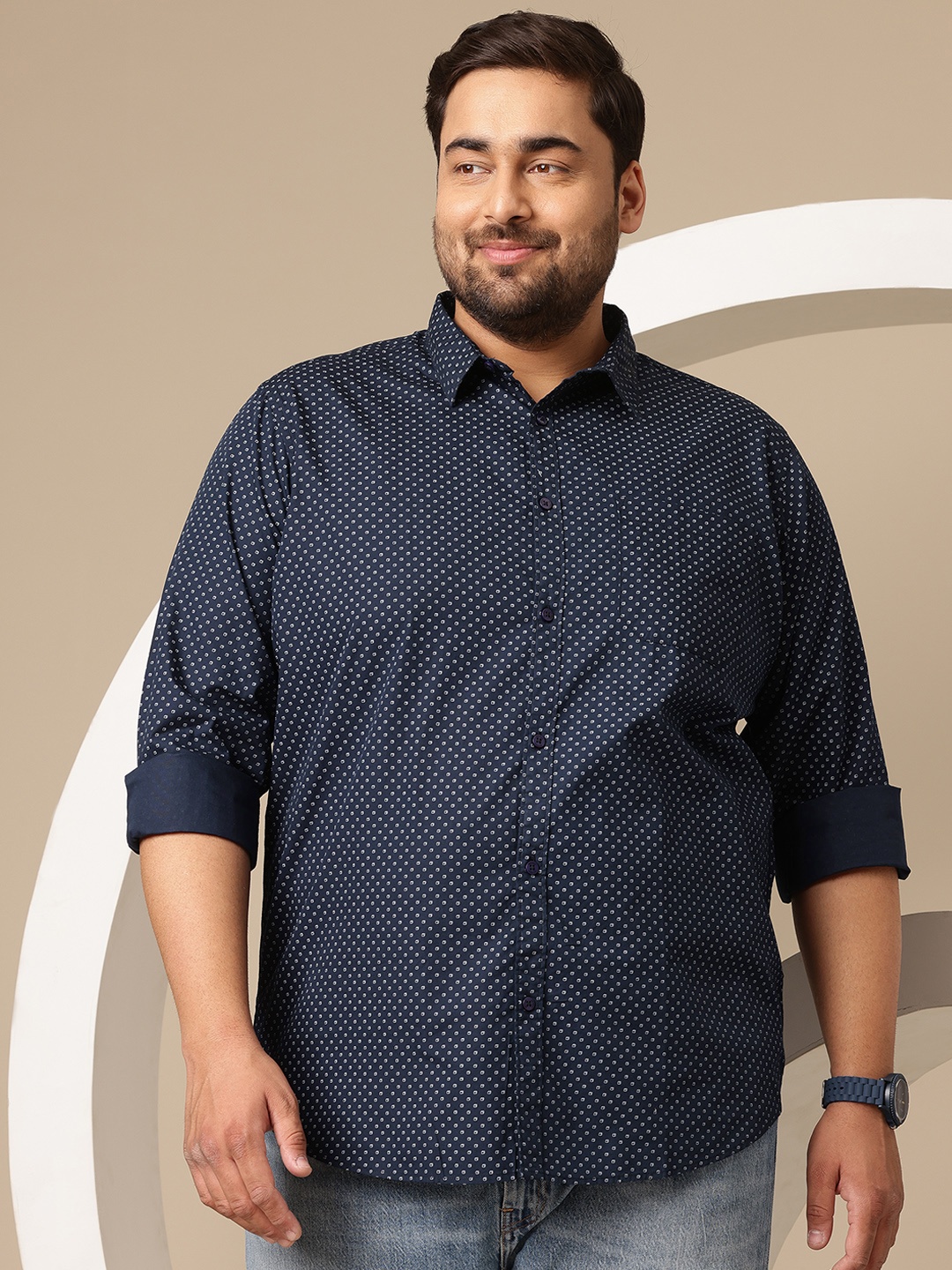 Sztori Plus Size Premium Micro Ditsy Printed Pure Cotton Casual Shirt, Navy blue