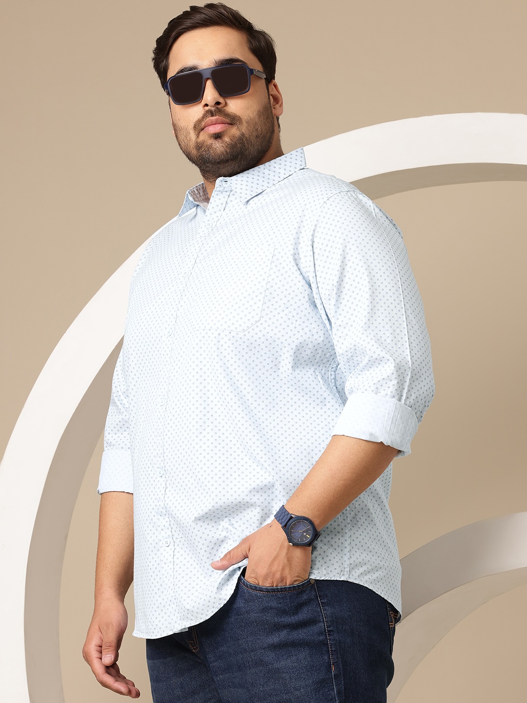 

Sztori Plus Size Premium Micro Ditsy Printed Pure Cotton Casual Shirt, Blue
